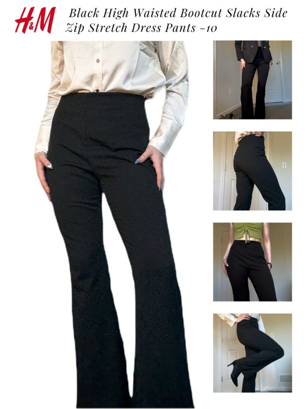 Divided Black High Waisted Bootcut Slacks Side Zip Stretch Dress Pants H&M - 10